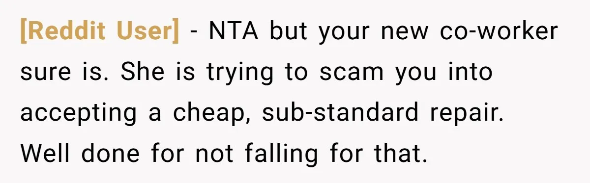 [Reddit User] − NTA but your new co-worker sure is. She is trying to scam you into accepting a cheap, sub-standard repair. Well done for not falling for that.