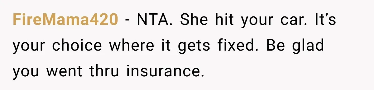 FireMama420 − NTA. She hit your car. It’s your choice where it gets fixed. Be glad you went thru insurance.