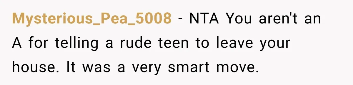 Mysterious_Pea_5008 − NTA You aren't an A for telling a rude teen to leave your house. It was a very smart move.