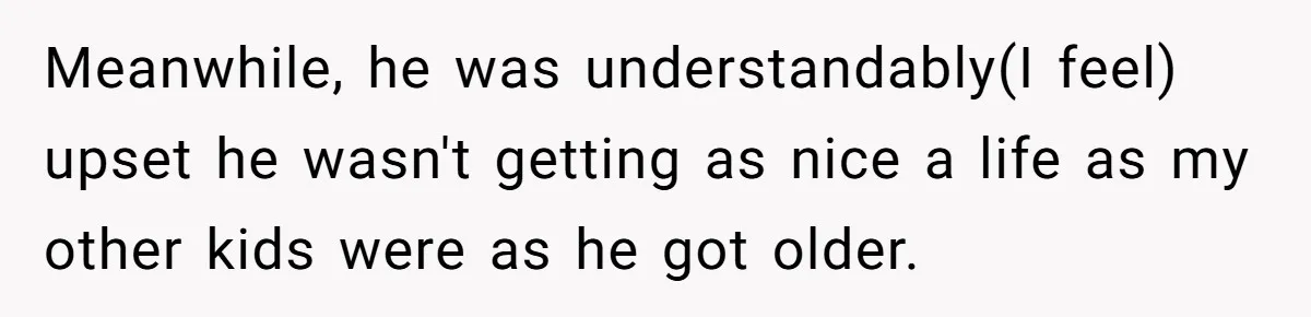 Meanwhile, he was understandably(I feel) upset he wasn't getting as nice a life as my other kids were as he got older.