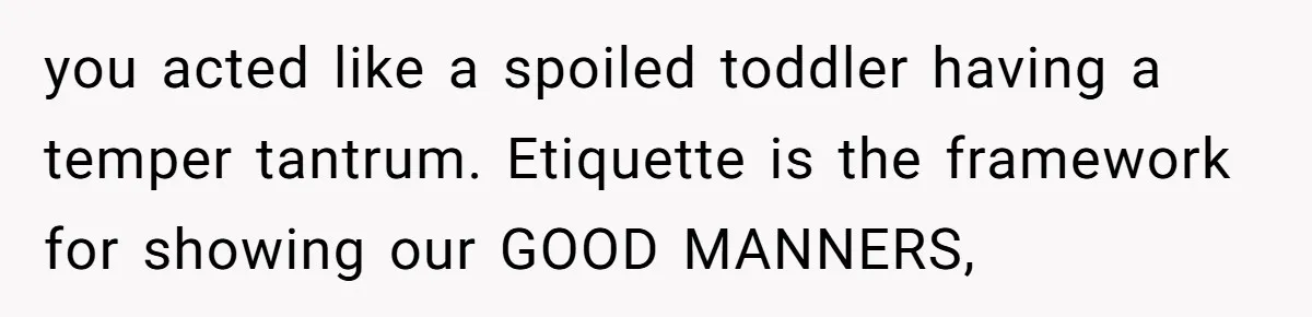 you acted like a spoiled toddler having a temper tantrum. Etiquette is the framework for showing our GOOD MANNERS,