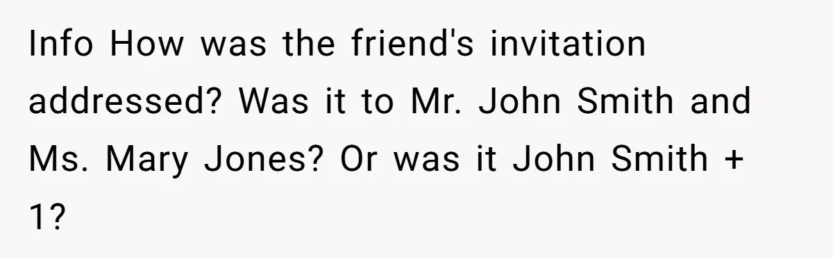 Info How was the friend's invitation addressed? Was it to Mr. John Smith and Ms. Mary Jones? Or was it John Smith + 1?