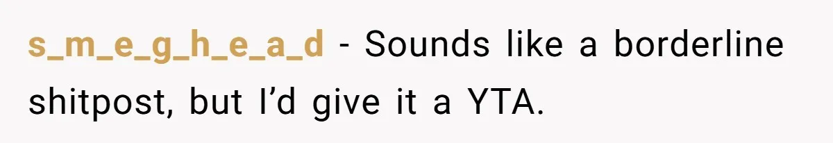 s_m_e_g_h_e_a_d − Sounds like a borderline shitpost, but I’d give it a YTA.