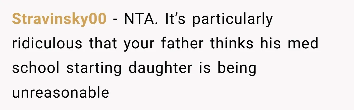 Stravinsky00 − NTA. It’s particularly ridiculous that your father thinks his med school starting daughter is being unreasonable