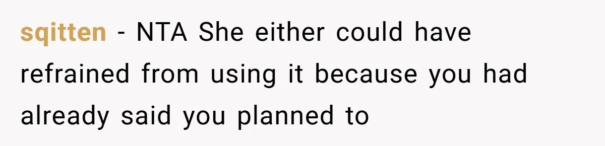 sqitten − NTA She either could have refrained from using it because you had already said you planned to