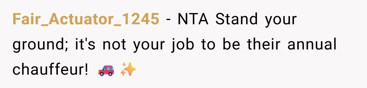 Fair_Actuator_1245 − NTA Stand your ground; it's not your job to be their annual chauffeur! 🚗✨