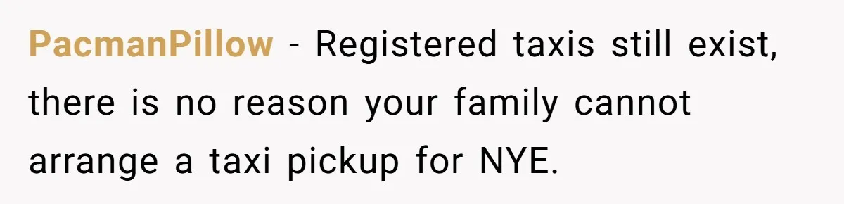 PacmanPillow − Registered taxis still exist, there is no reason your family cannot arrange a taxi pickup for NYE.