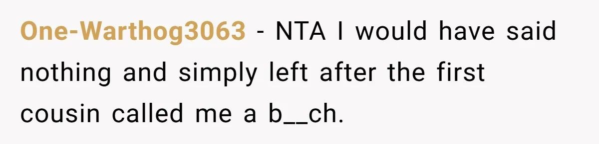 One-Warthog3063 − NTA I would have said nothing and simply left after the first cousin called me a b__ch.