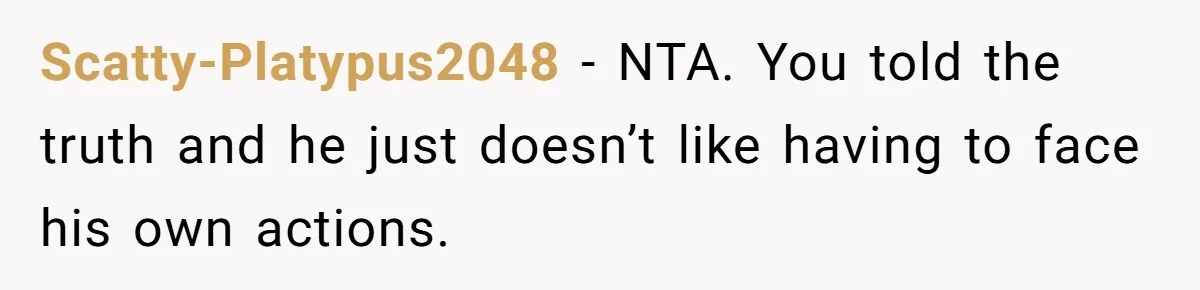 Scatty-Platypus2048 − NTA. You told the truth and he just doesn’t like having to face his own actions.