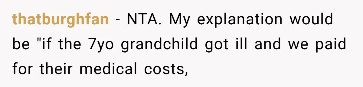 thatburghfan − NTA. My explanation would be "if the 7yo grandchild got ill and we paid for their medical costs,