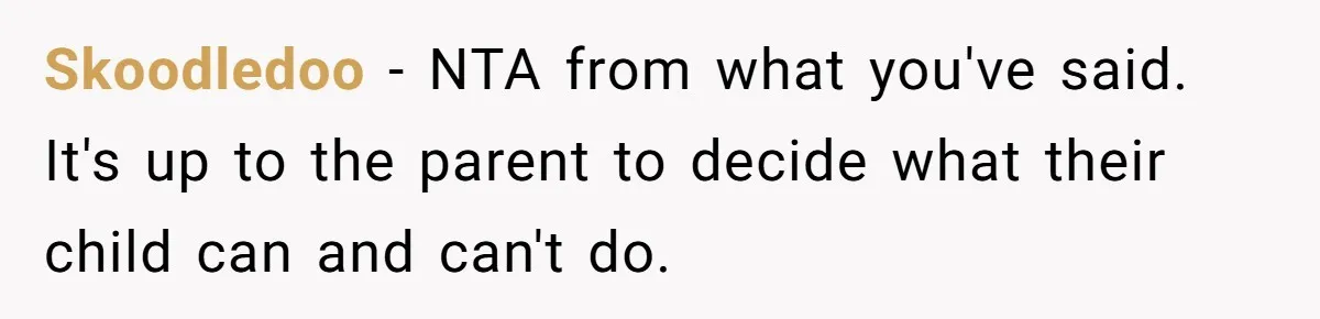 Skoodledoo − NTA from what you've said. It's up to the parent to decide what their child can and can't do.