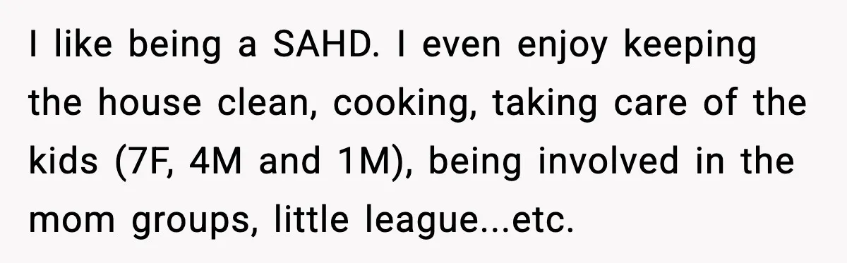 I like being a SAHD. I even enjoy keeping the house clean, cooking, taking care of the kids (7F, 4M and 1M), being involved in the mom groups, little league...etc.