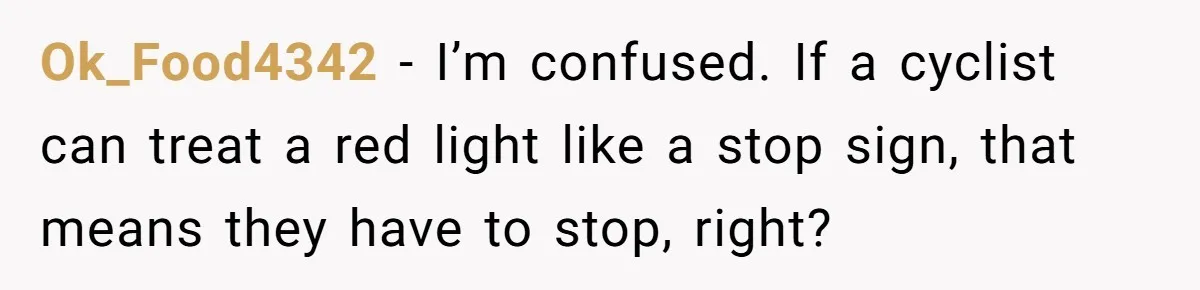 Ok_Food4342 − I’m confused. If a cyclist can treat a red light like a stop sign, that means they have to stop, right?