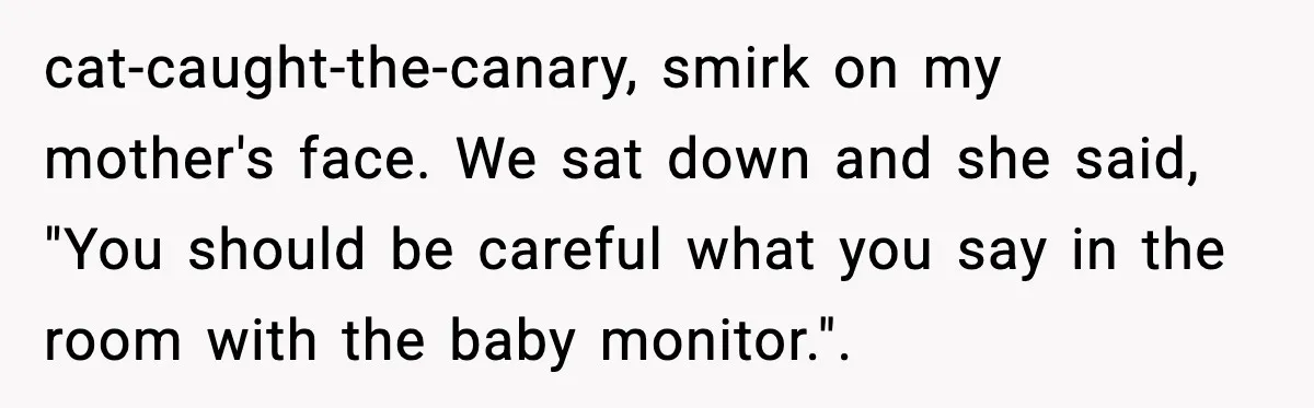 Grandma Talks Behind Daughter’s Back, Baby Monitor Exposes Everything cat-caught-the-canary, smirk on my mother's face. We sat down and she said, "You should be careful what you say in the room with the baby monitor.". 