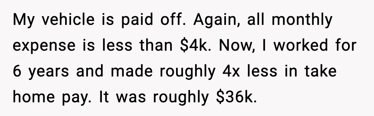 My vehicle is paid off. Again, all monthly expense is less than $4k. Now, I worked for 6 years and made roughly 4x less in take home pay. It was...