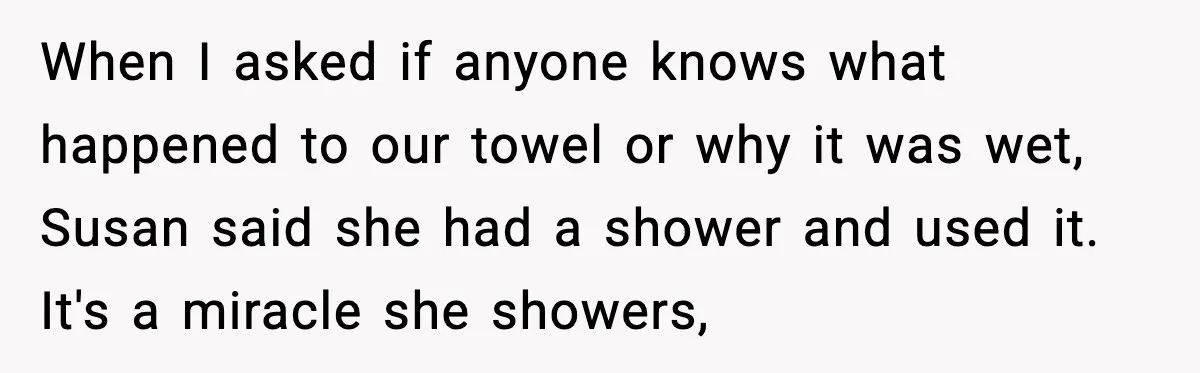 When I asked if anyone knows what happened to our towel or why it was wet, Susan said she had a shower and used it. It's a miracle she showers,