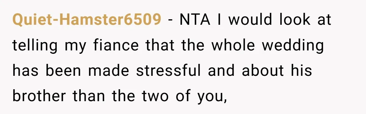 Quiet-Hamster6509 − NTA I would look at telling my fiance that the whole wedding has been made stressful and about his brother than the two of you,