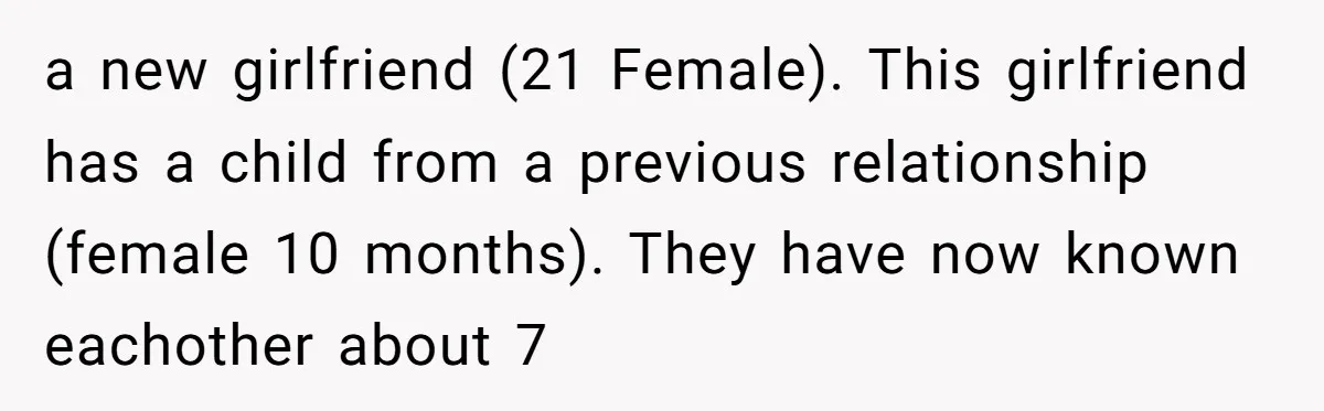 a new girlfriend (21 Female). This girlfriend has a child from a previous relationship (female 10 months). They have now known eachother about 7
