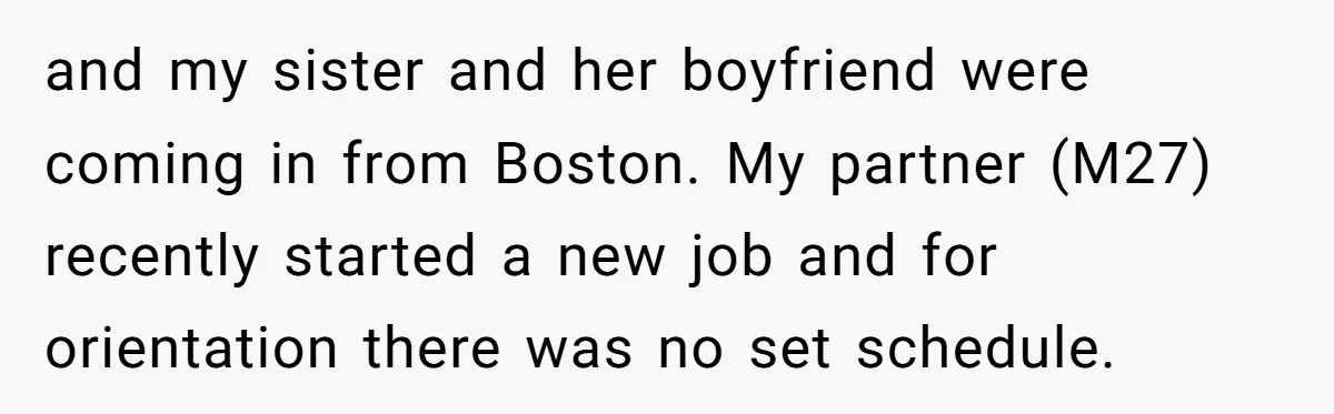 and my sister and her boyfriend were coming in from Boston. My partner (M27) recently started a new job and for orientation there was no set schedule.