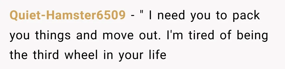 Quiet-Hamster6509 − " I need you to pack you things and move out. I'm tired of being the third wheel in your life