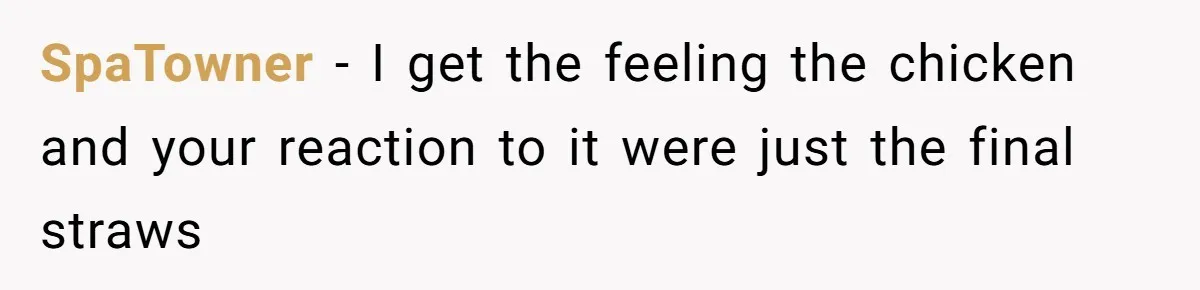 SpaTowner − I get the feeling the chicken and your reaction to it were just the final straws