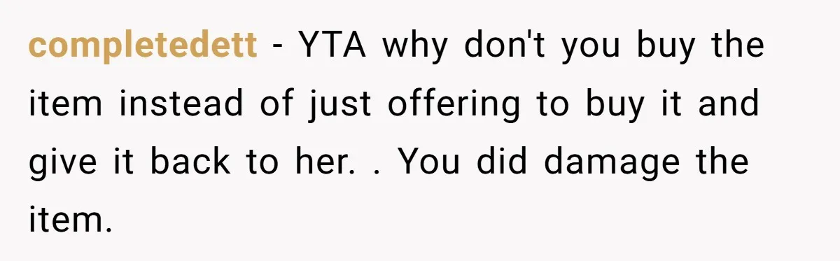 completedett − YTA why don't you buy the item instead of just offering to buy it and give it back to her. . You did damage the item.