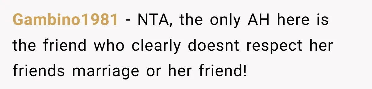 Gambino1981 − NTA, the only AH here is the friend who clearly doesnt respect her friends marriage or her friend!