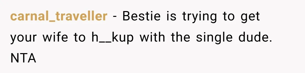 carnal_traveller − Bestie is trying to get your wife to h__kup with the single dude. NTA