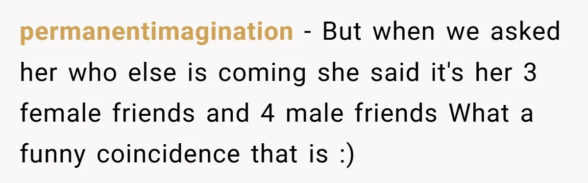 permanentimagination − But when we asked her who else is coming she said it's her 3 female friends and 4 male friends What a funny coincidence that is :)