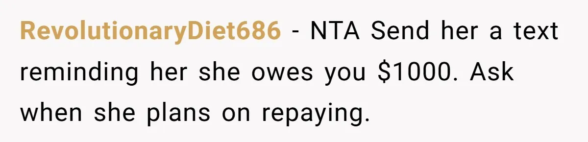 Sibling Rivalry Hits the Wallet After Sister Asks for Vacation Cash While Still Owing $1,000 RevolutionaryDiet686 − NTA Send her a text reminding her she owes you $1000. Ask when she plans on repaying.