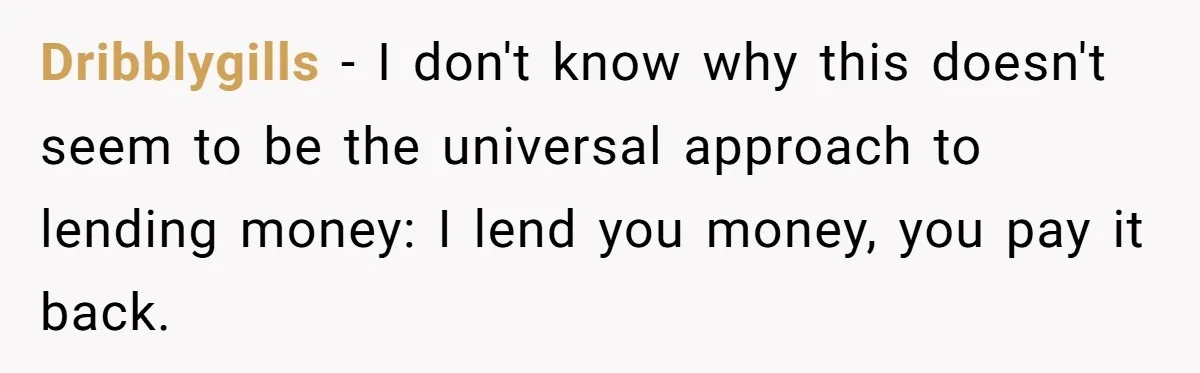 Sibling Rivalry Hits the Wallet After Sister Asks for Vacation Cash While Still Owing $1,000 Dribblygills − I don't know why this doesn't seem to be the universal approach to lending money: I lend you money, you pay it back.