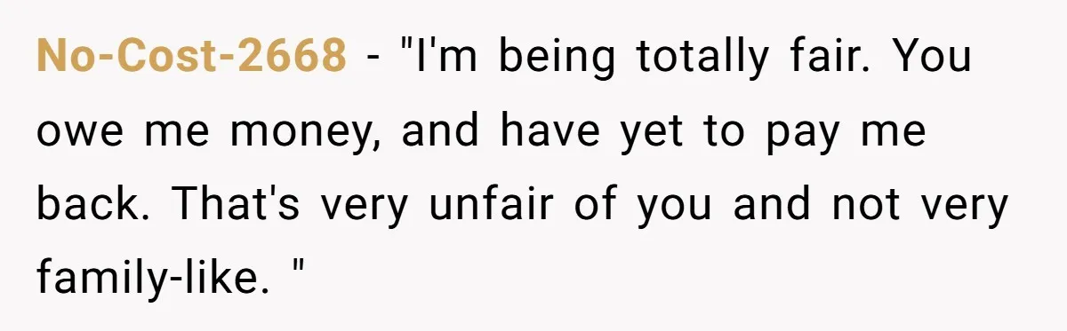 Sibling Rivalry Hits the Wallet After Sister Asks for Vacation Cash While Still Owing $1,000 No-Cost-2668 − "I'm being totally fair. You owe me money, and have yet to pay me back. That's very unfair of you and not very family-like. "