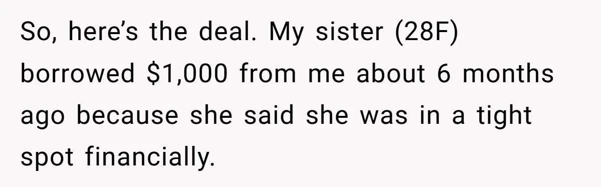 Sibling Rivalry Hits the Wallet After Sister Asks for Vacation Cash While Still Owing $1,000 So, here’s the deal. My sister (28F) borrowed $1,000 from me about 6 months ago because she said she was in a tight spot financially.