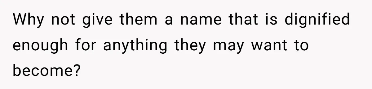 From "Embrace" to "Amara": A Family's Heated Debate Over a Unique Baby Name Why not give them a name that is dignified enough for anything they may want to become?