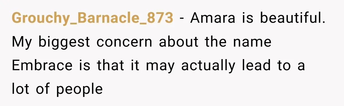 From "Embrace" to "Amara": A Family's Heated Debate Over a Unique Baby Name Grouchy_Barnacle_873 − Amara is beautiful. My biggest concern about the name Embrace is that it may actually lead to a lot of people