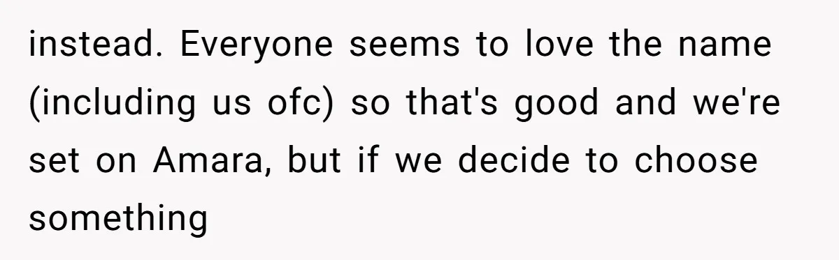 From "Embrace" to "Amara": A Family's Heated Debate Over a Unique Baby Name instead. Everyone seems to love the name (including us ofc) so that's good and we're set on Amara, but if we decide to choose something