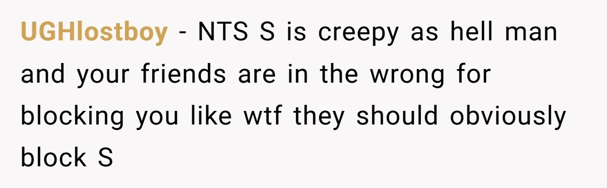UGHlostboy − NTS S is creepy as hell man and your friends are in the wrong for blocking you like wtf they should obviously block S