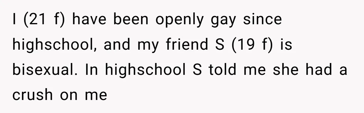 I (21 f) have been openly gay since highschool, and my friend S (19 f) is bisexual. In highschool S told me she had a crush on me
