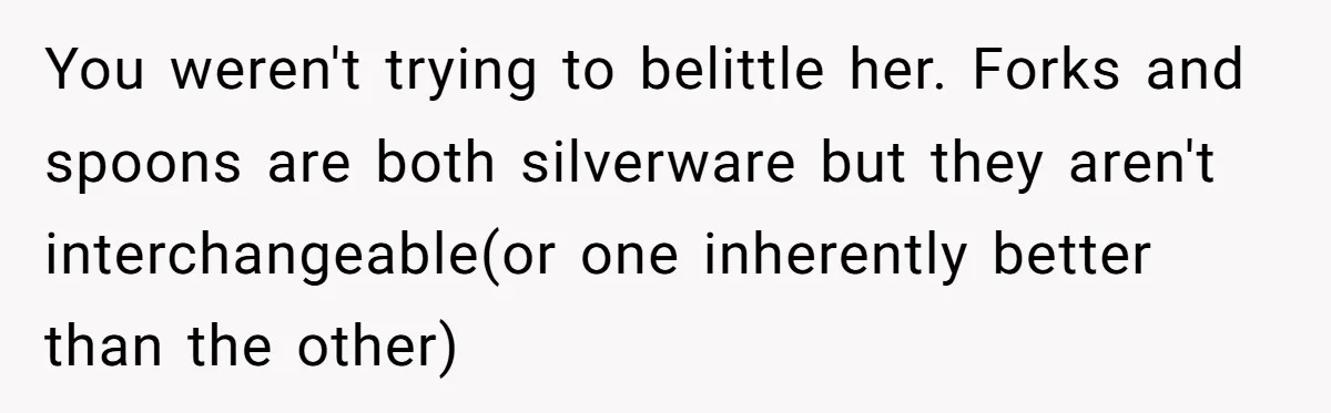 You weren't trying to belittle her. Forks and spoons are both silverware but they aren't interchangeable(or one inherently better than the other)