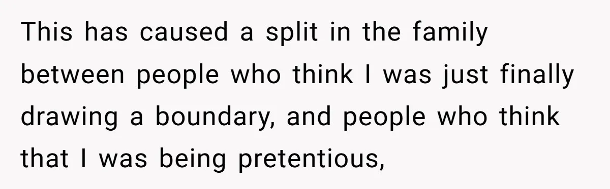This has caused a split in the family between people who think I was just finally drawing a boundary, and people who think that I was being pretentious,