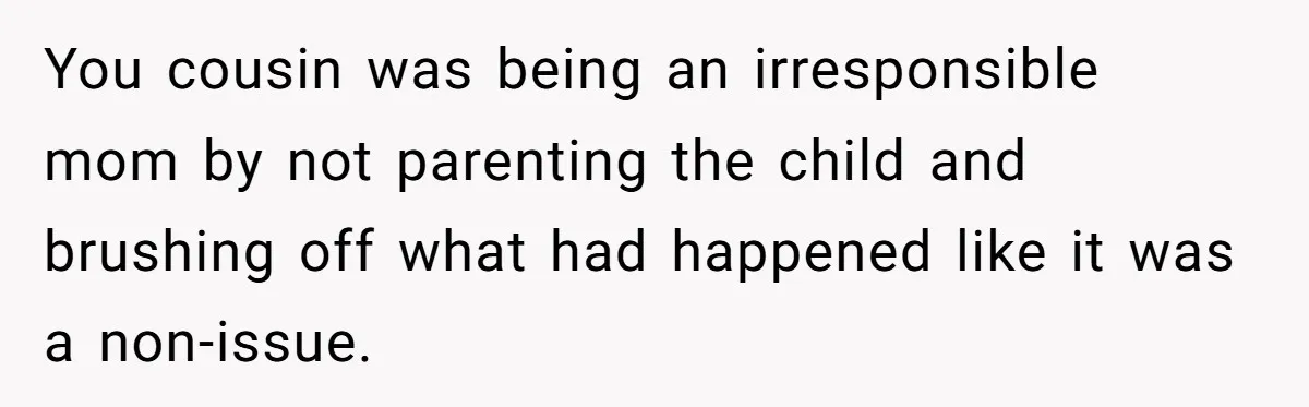 You cousin was being an irresponsible mom by not parenting the child and brushing off what had happened like it was a non-issue.