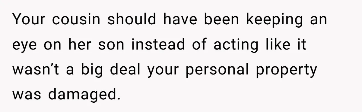 Your cousin should have been keeping an eye on her son instead of acting like it wasn’t a big deal your personal property was damaged.