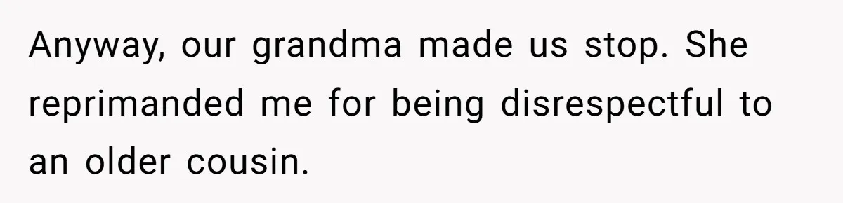 Anyway, our grandma made us stop. She reprimanded me for being disrespectful to an older cousin.