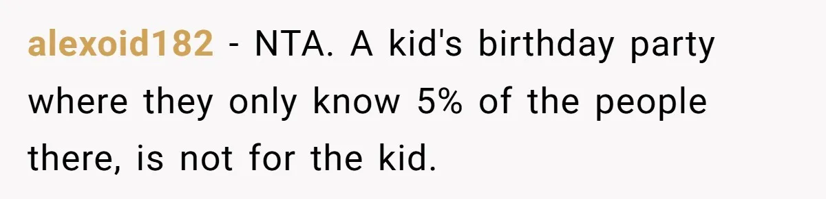 alexoid182 − NTA. A kid's birthday party where they only know 5% of the people there, is not for the kid.