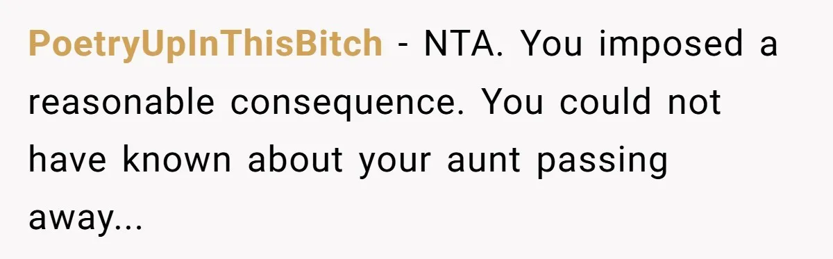 PoetryUpInThisBitch − NTA. You imposed a reasonable consequence. You could not have known about your aunt passing away...