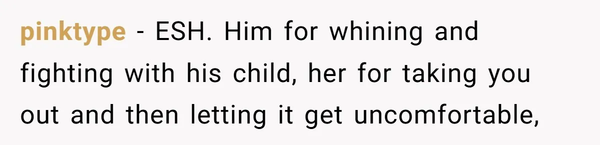 pinktype − ESH. Him for whining and fighting with his child, her for taking you out and then letting it get uncomfortable,