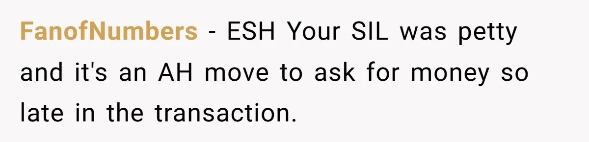 FanofNumbers − ESH Your SIL was petty and it's an AH move to ask for money so late in the transaction.