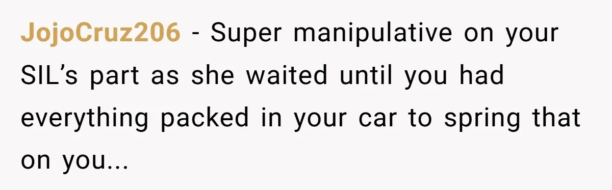 JojoCruz206 − Super manipulative on your SIL’s part as she waited until you had everything packed in your car to spring that on you...