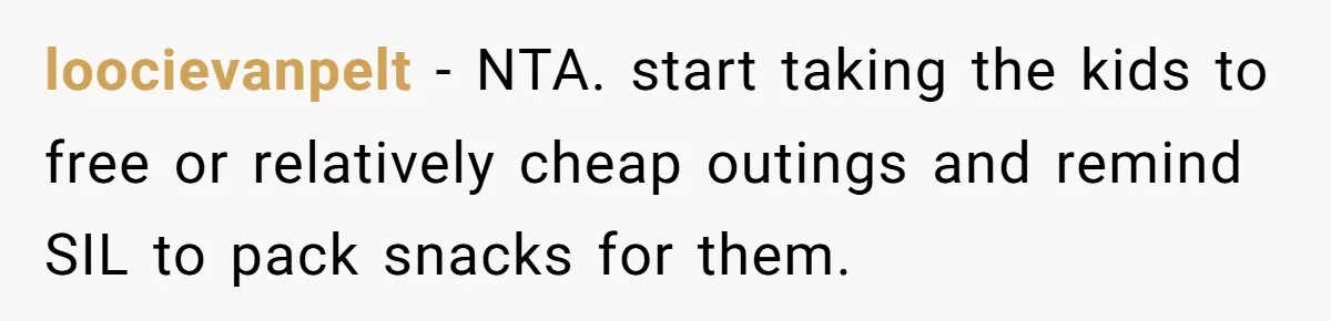 loocievanpelt − NTA. start taking the kids to free or relatively cheap outings and remind SIL to pack snacks for them.