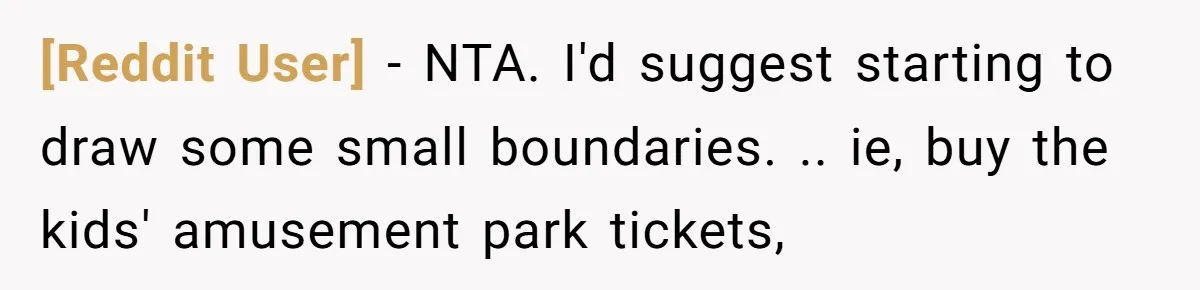 [Reddit User] − NTA. I'd suggest starting to draw some small boundaries. .. ie, buy the kids' amusement park tickets,